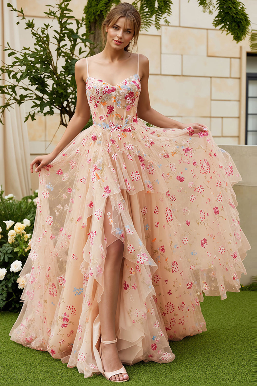 Zapakasa Women Ivory Floral Tiered Long Corset Prom Dress with Slit Spaghetti Straps A-Line Ruffled Pageant Dress Zapakasa Women Ivory Floral Tiered Long Corset Prom Dress with Slit Spaghetti Straps A-Line Ruffled Pageant Dress