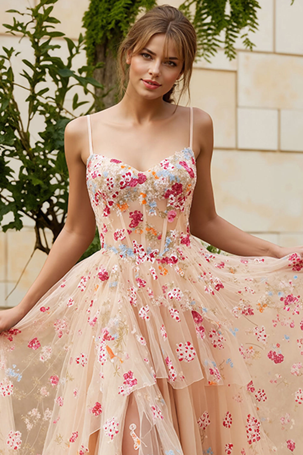 Floral Ivory A-Line Spaghetti Straps Long Corset Prom Dress with Slit