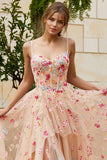 Floral Ivory A-Line Spaghetti Straps Long Corset Prom Dress with Slit