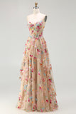 Sparkly Champagne Flowers Corset A-Line Long Prom Dress