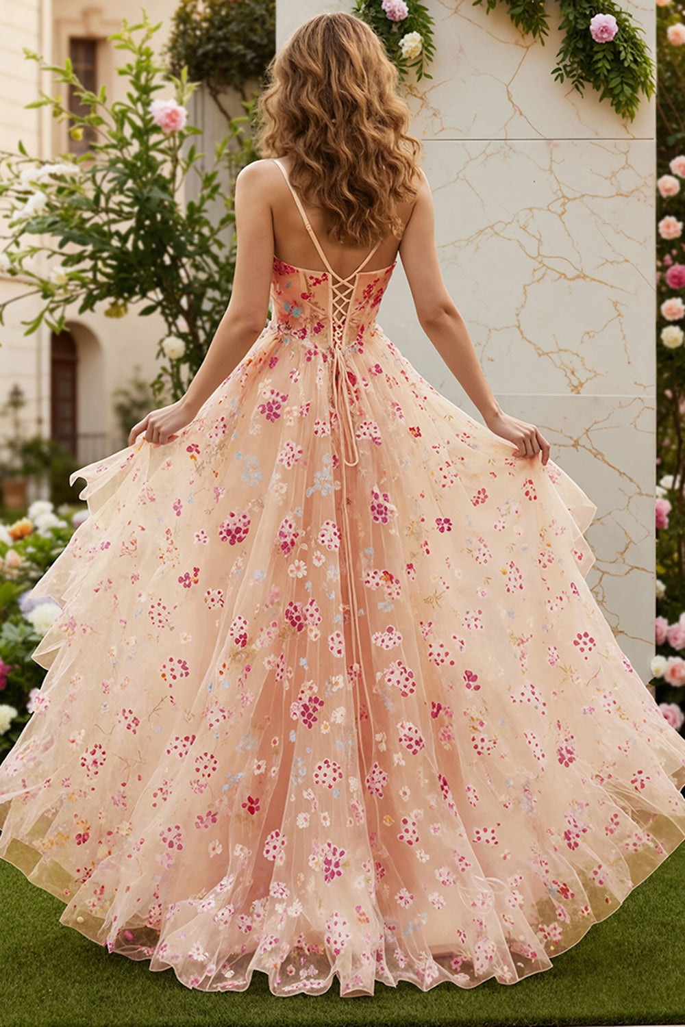 Floral Ivory A-Line Spaghetti Straps Long Corset Prom Dress with Slit