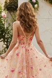 Floral Ivory A-Line Spaghetti Straps Long Corset Prom Dress with Slit