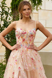 Floral Ivory A-Line Spaghetti Straps Long Corset Prom Dress with Slit