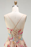 Sparkly Champagne Flowers Corset A-Line Long Prom Dress