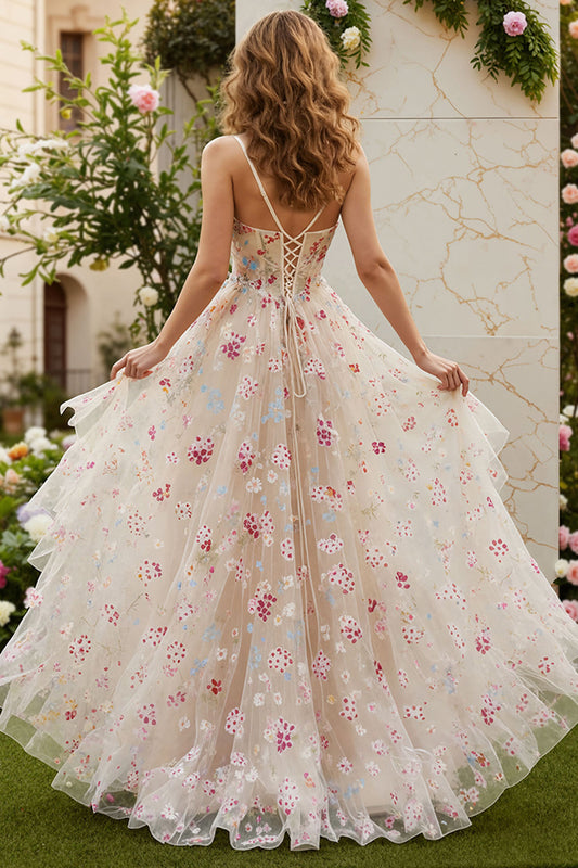 Floral Ivory A-Line Spaghetti Straps Long Corset Prom Dress with Slit