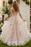 Floral Ivory A-Line Spaghetti Straps Long Corset Prom Dress with Slit