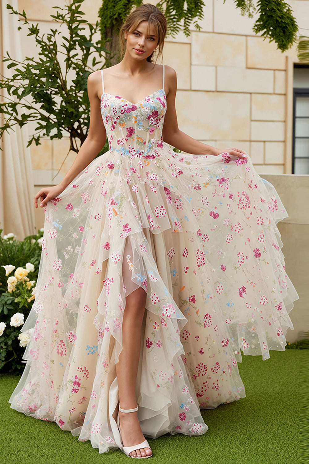 Floral Ivory A-Line Spaghetti Straps Long Corset Prom Dress with Slit