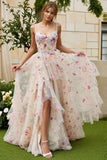 Floral Ivory A-Line Spaghetti Straps Long Corset Prom Dress with Slit