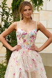 Floral Ivory A-Line Spaghetti Straps Long Corset Prom Dress with Slit