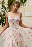 Floral Ivory A-Line Spaghetti Straps Long Corset Prom Dress with Slit