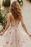 Floral Ivory A-Line Spaghetti Straps Long Corset Prom Dress with Slit