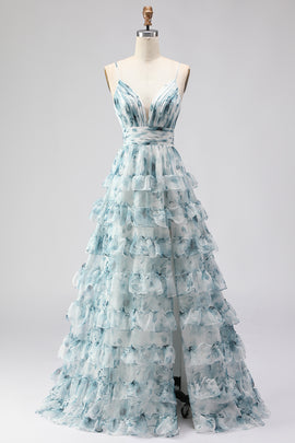 Blue Ruffled A-Line Tiered Long Prom Dress with Slit