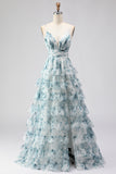 Blue Ruffled A-Line Tiered Long Prom Dress with Slit
