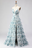 Blue Ruffled A-Line Tiered Long Prom Dress with Slit