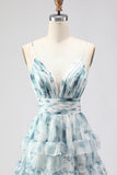 Blue Ruffled A-Line Tiered Long Prom Dress with Slit