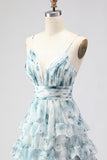 Blue Ruffled A-Line Tiered Long Prom Dress with Slit