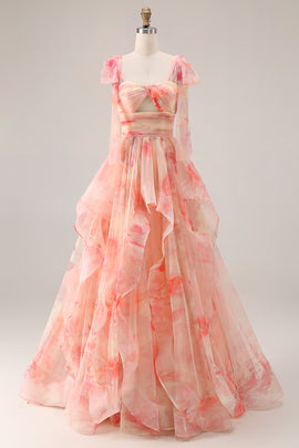 Sunset A Line Ruffled Cut Out Long Prom Dress with Keyhole