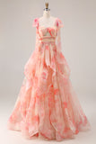 Sunset A Line Ruffled Cut Out Long Prom Dress with Keyhole