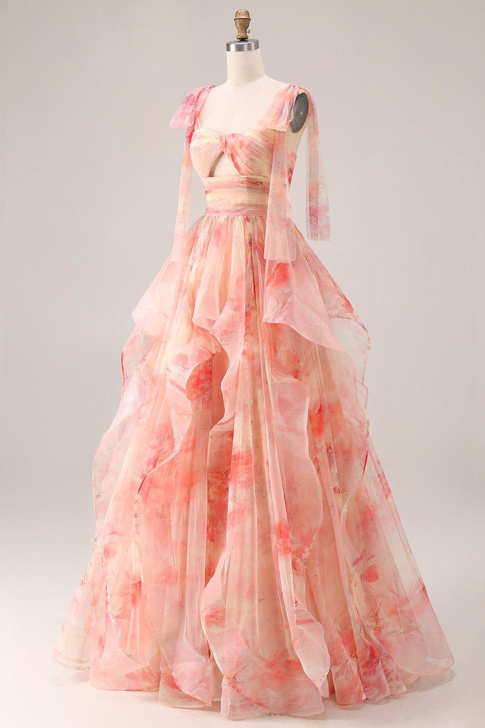 Sunset A Line Ruffled Cut Out Long Prom Dress with Keyhole