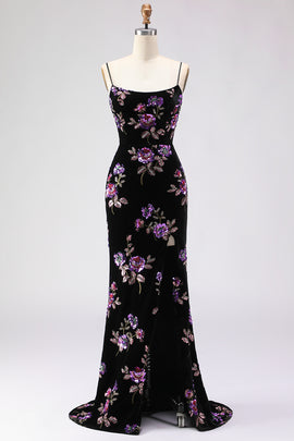 Floral Black Mermaid Spaghetti Straps Long Prom Dress with Slit