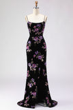 Floral Black Mermaid Spaghetti Straps Long Prom Dress with Slit