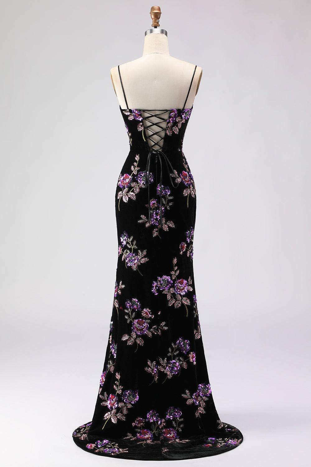 Floral Black Mermaid Spaghetti Straps Long Prom Dress with Slit