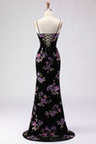Floral Black Mermaid Spaghetti Straps Long Prom Dress with Slit