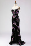 Floral Black Mermaid Spaghetti Straps Long Prom Dress with Slit