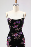 Floral Black Mermaid Spaghetti Straps Long Prom Dress with Slit