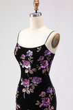 Floral Black Mermaid Spaghetti Straps Long Prom Dress with Slit
