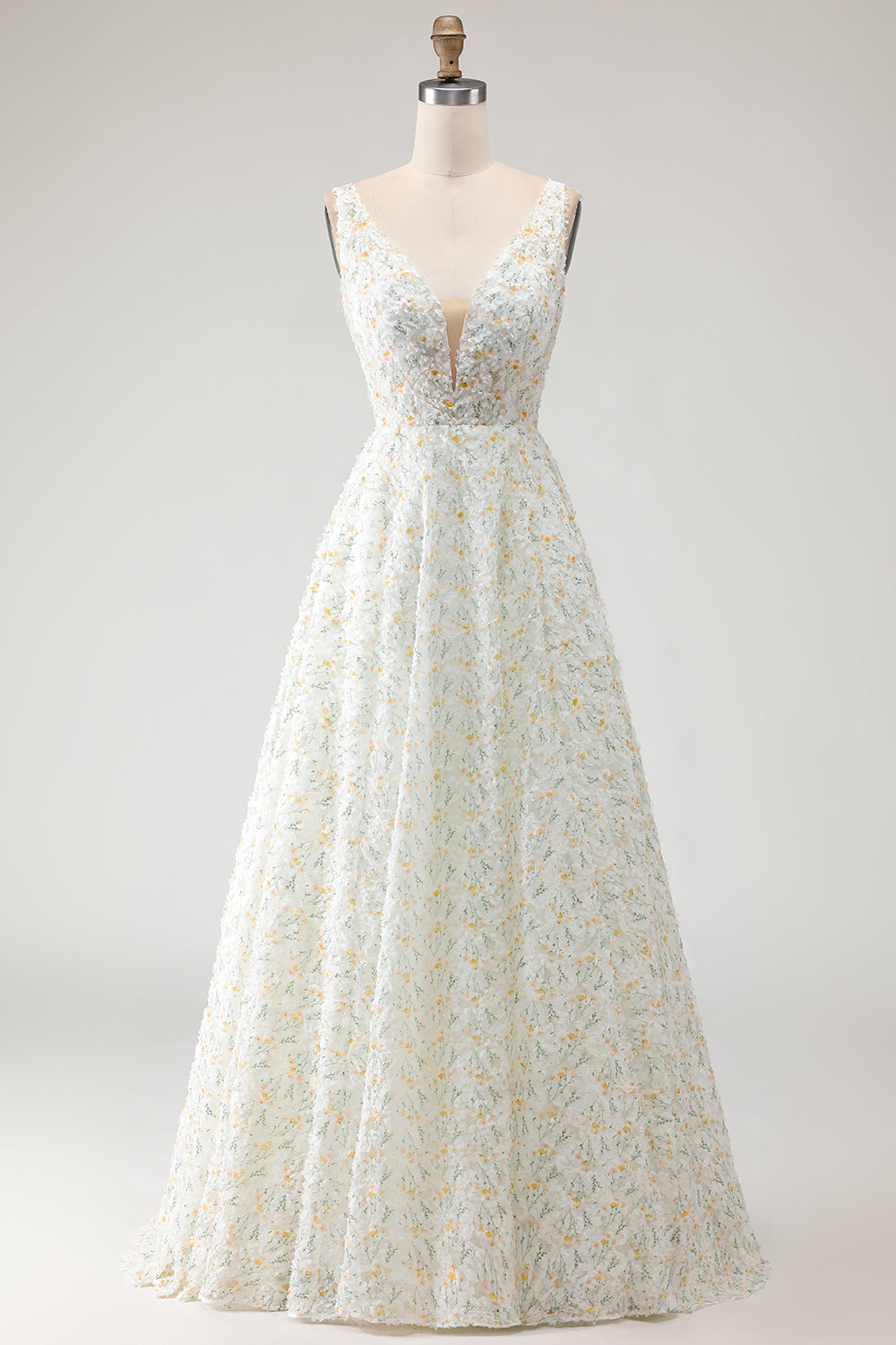 White and Yellow Floral A-Line Long Prom Dress