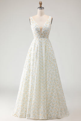 White and Yellow Floral A-Line Long Prom Dress