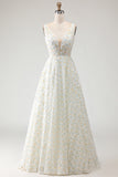 White and Yellow Floral A-Line Long Prom Dress