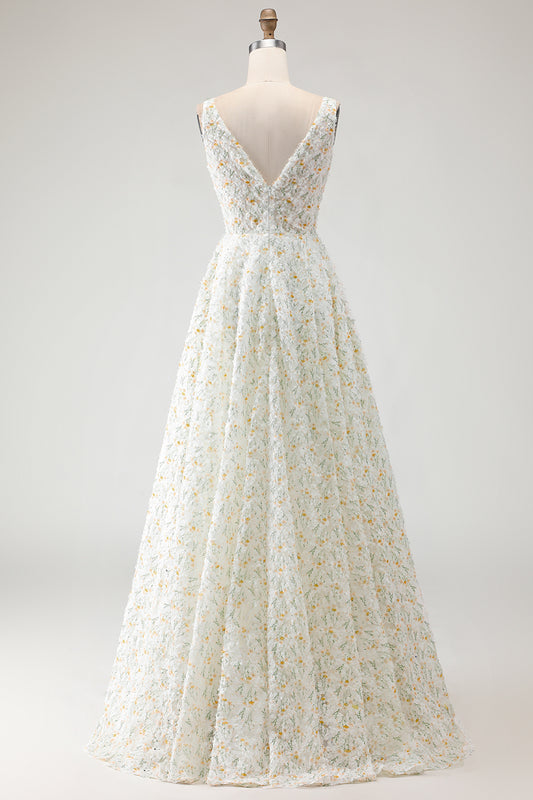 White and Yellow Floral A-Line Long Prom Dress