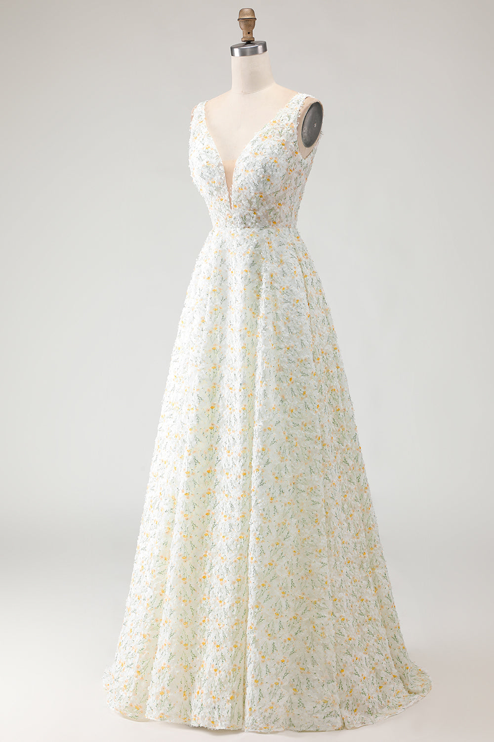 White and Yellow Floral A-Line Long Prom Dress