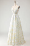 White and Yellow Floral A-Line Long Prom Dress