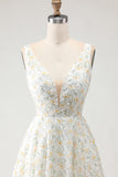 White and Yellow Floral A-Line Long Prom Dress