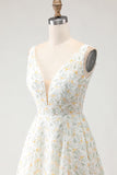 White and Yellow Floral A-Line Long Prom Dress