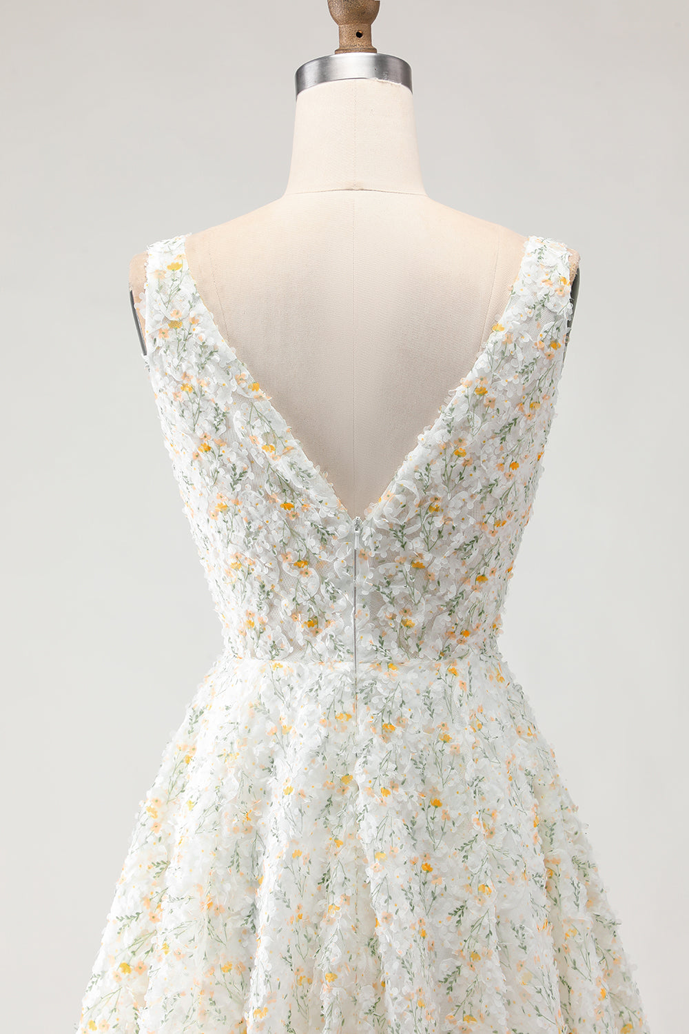 White and Yellow Floral A-Line Long Prom Dress