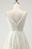 White and Yellow Floral A-Line Long Prom Dress