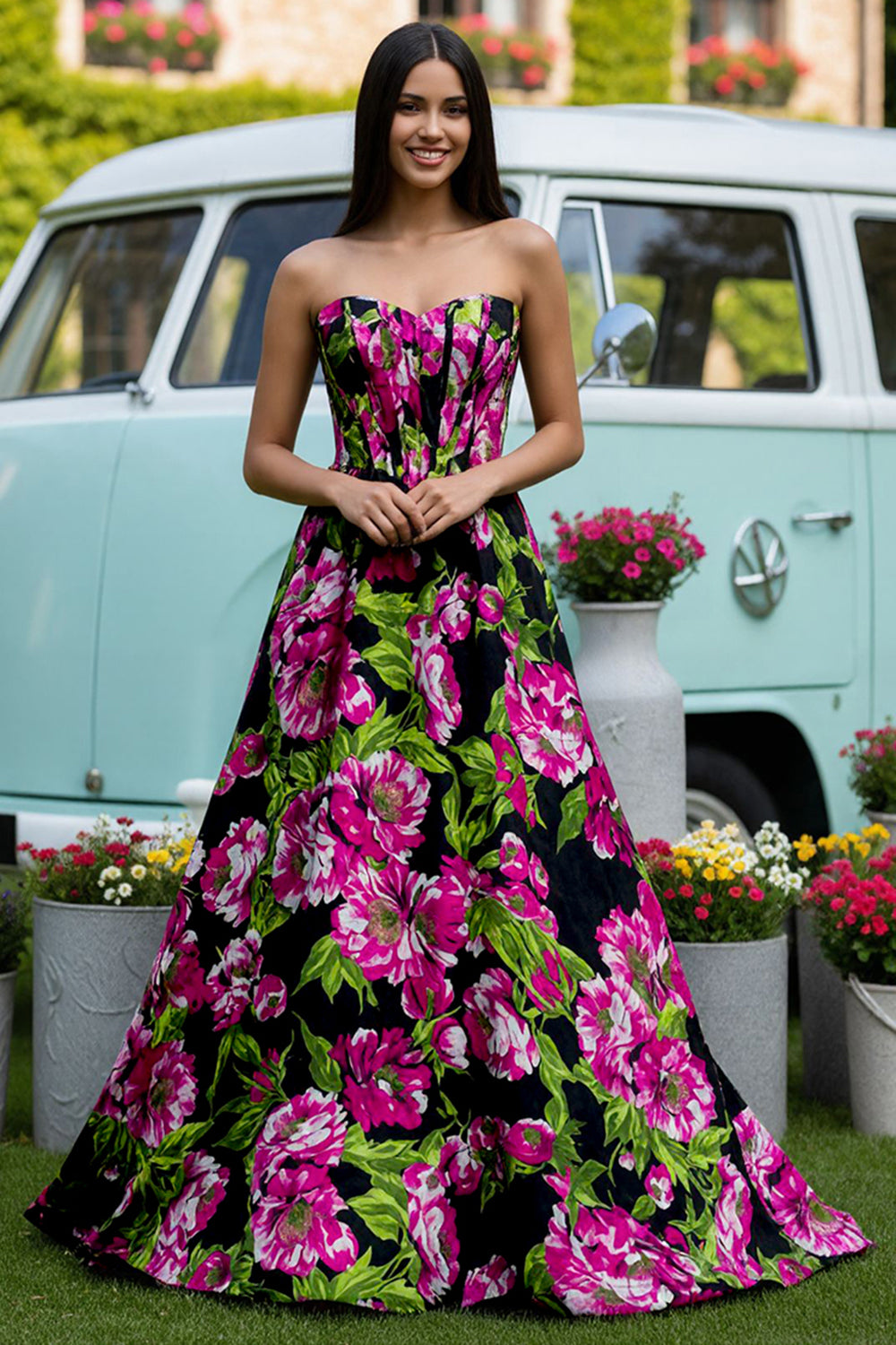 Floral Black A-Line Satin Strapless Long Corset Prom Dress