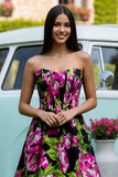 Floral Black A-Line Satin Strapless Long Corset Prom Dress