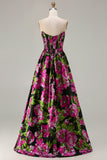 Floral Black A-Line Satin Strapless Long Corset Prom Dress