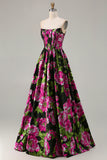 Floral Black Strapless A-Line Long Corset Prom Dress