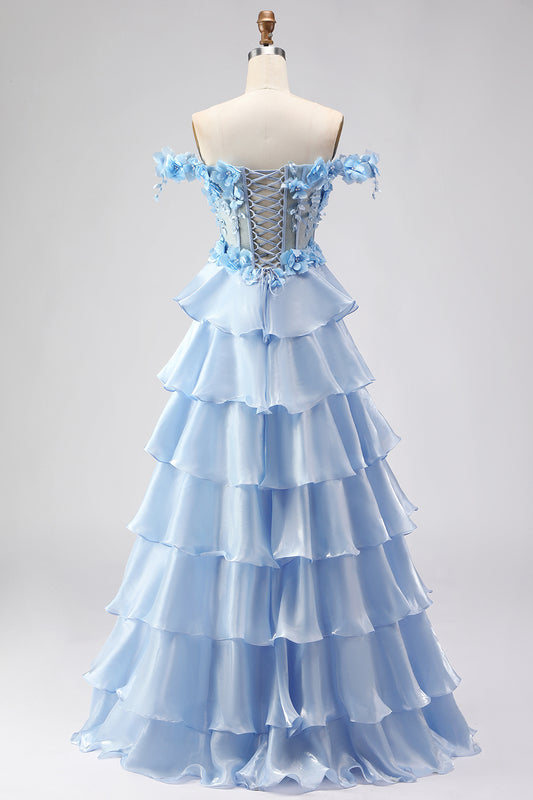 Floral Light Blue Tiered A-Line Long Corset Prom Dress with Ruffles