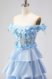 Floral Light Blue Tiered A-Line Long Corset Prom Dress with Ruffles