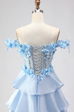Floral Light Blue Tiered A-Line Long Corset Prom Dress with Ruffles