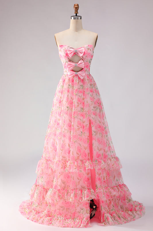 Floral Pink A Line Strapless Ruffled Long Prom Dress with Bows