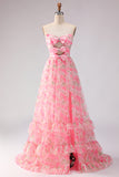 Floral Pink A Line Strapless Ruffled Long Prom Dress with Bows