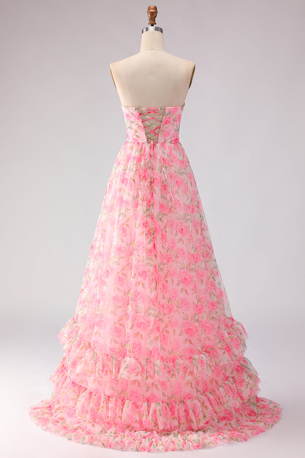 Floral Pink A Line Strapless Ruffled Long Prom Dress with Bows